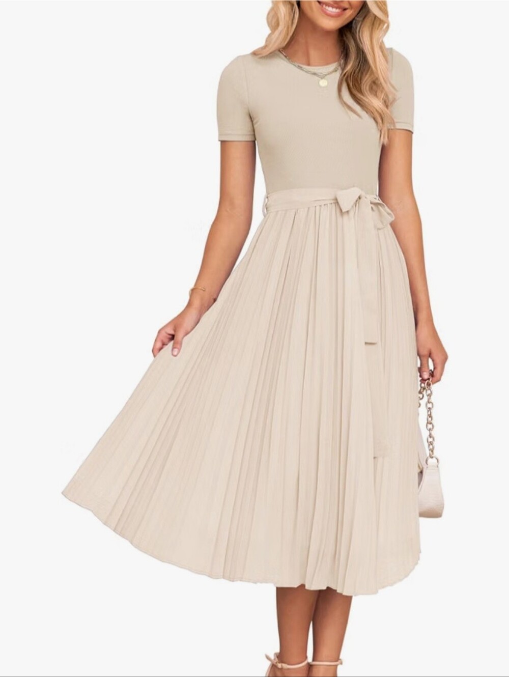 Zesica Cream Midi Dress with Pleated Skirt and Waist Tie